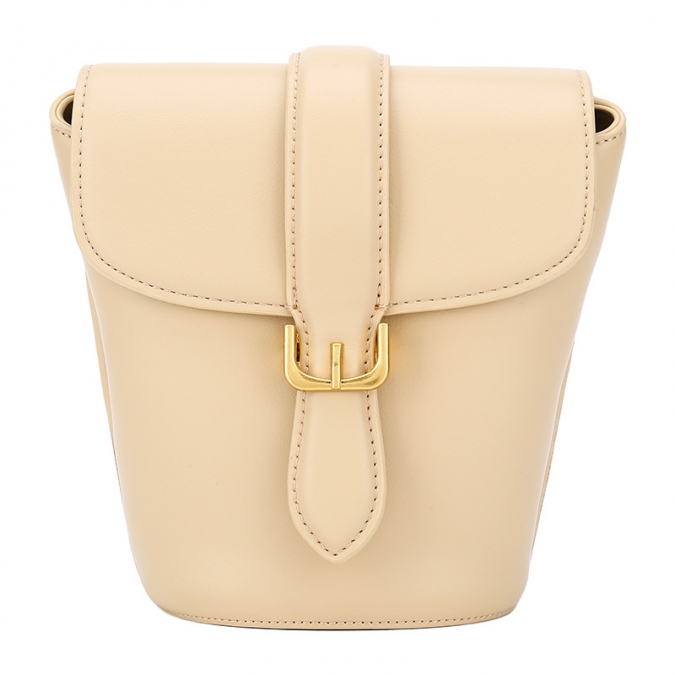 Synthetic leather bucket bag with  leather strap closure