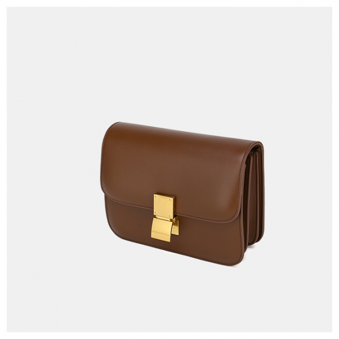Bolso cuadrado con diseño cruzado pequeño en cuero liso marrón femenino 